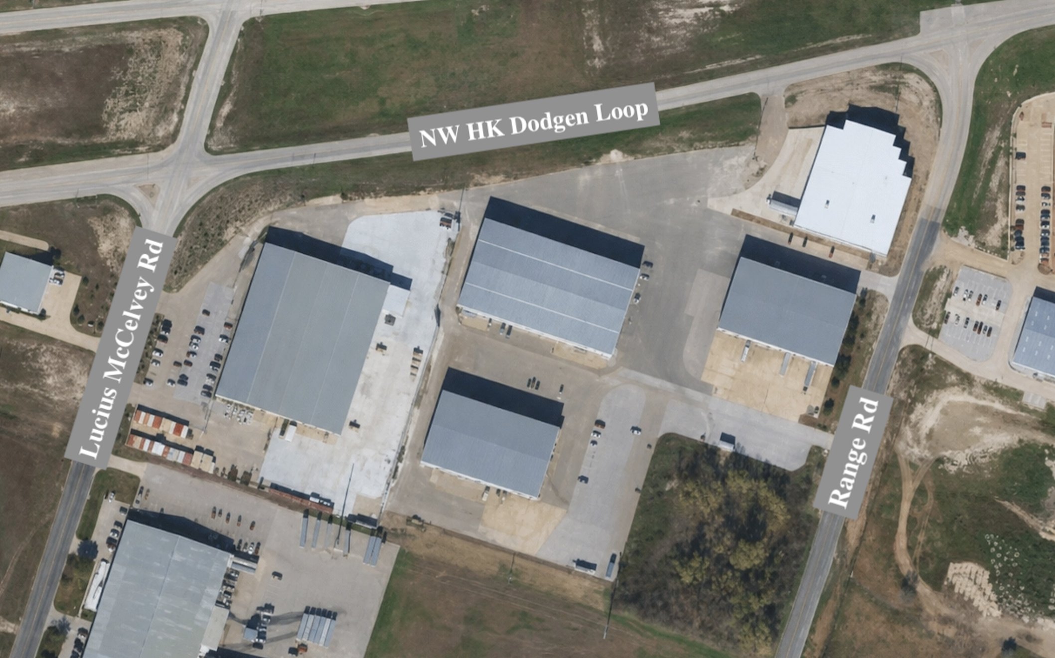Aerial view of the five buildings at Range Road Industrial Park, Temple TX